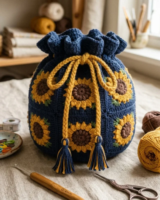 Free crochet pattern for a Navy Sunflower Drawstring Pouch.