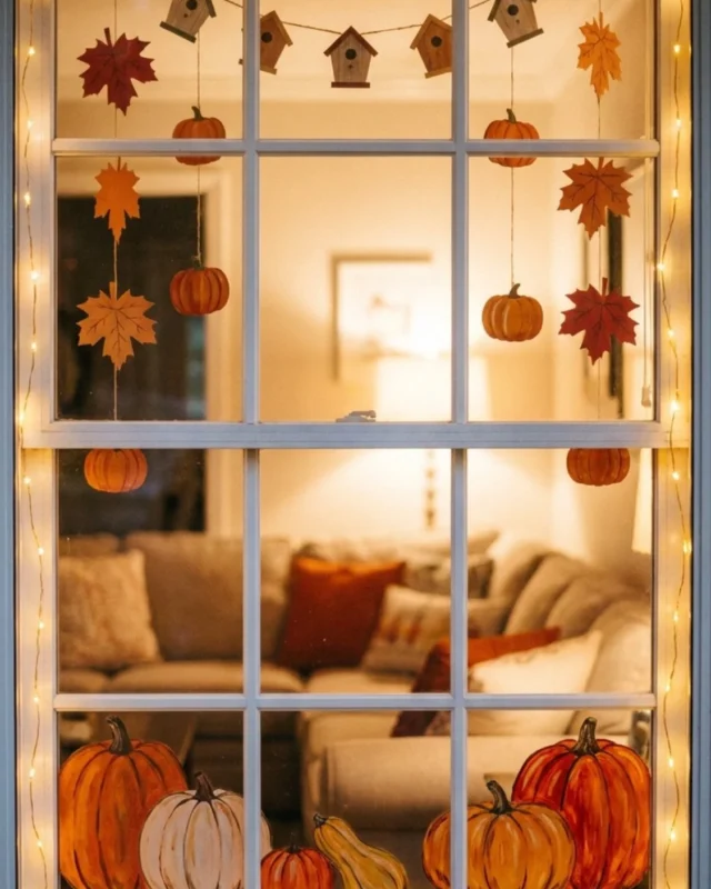 Cozy indoor fall window decorations creating a warm atmosphere