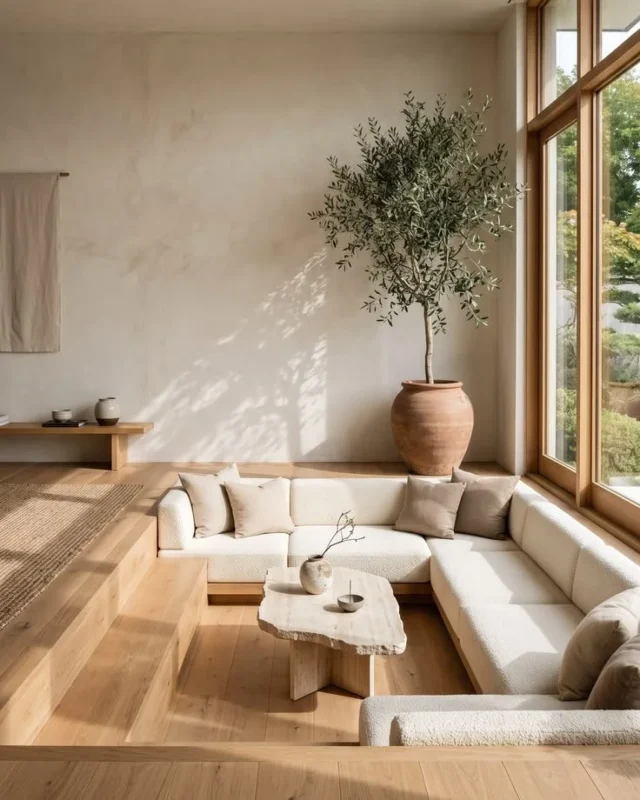Japandi living room with sunken seating creating a minimalist and warm atmosphere