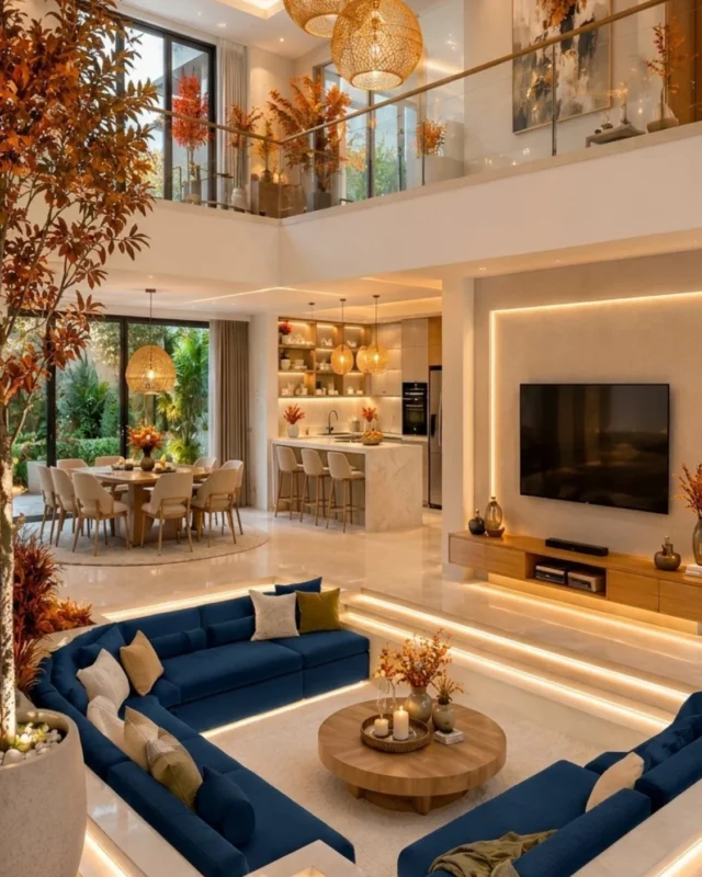 Luxury open-concept living room with a sunken lounge design