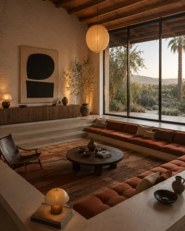 Modern Mediterranean living room featuring rust sunken seating and timber beams.