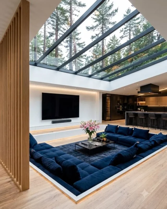Modern sunken living room with glass roof and open concept kitchen design