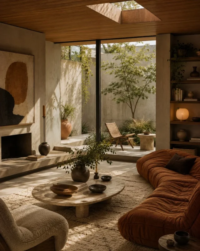 Organic modern living room featuring plaster walls and a timber ceiling