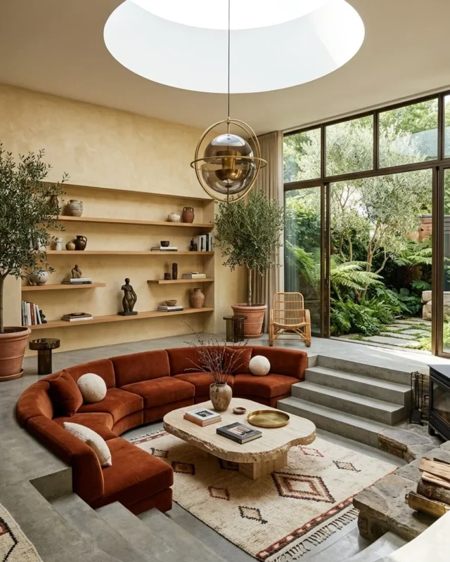 Stylish sunken conversation pit in a luxurious 70s-inspired living room design.