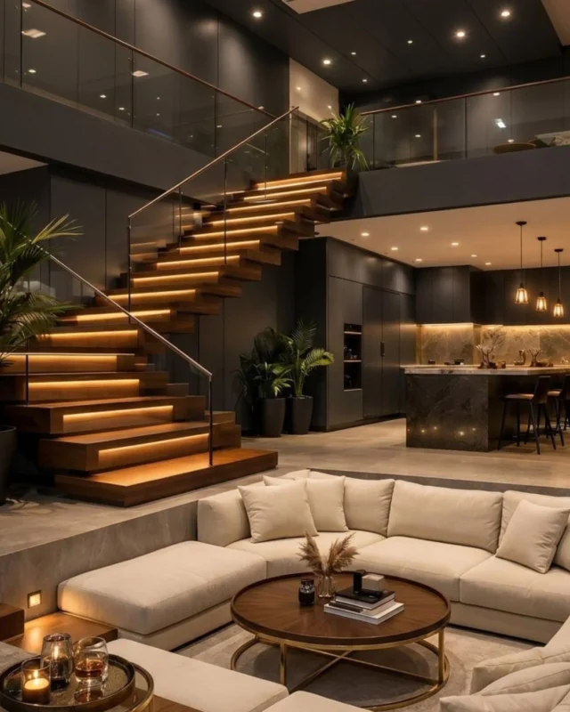 Ultra modern luxury living room with floating staircase and sunken seating area