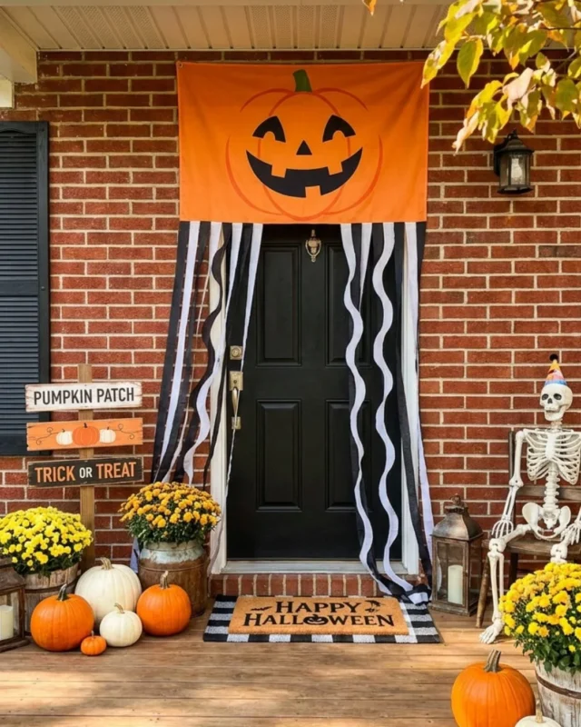 Vintage Halloween front door decor ideas featuring pumpkins, ghosts, and spooky wreaths.