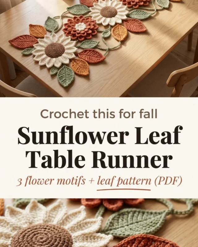 Crochet fall table runner pattern featuring flowers and leaves in a PDF format.
