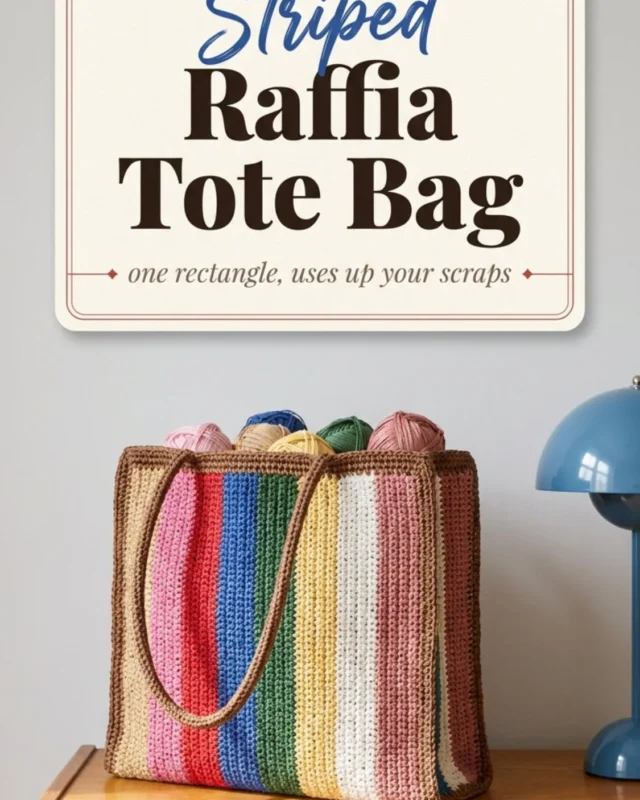 Crochet raffia bag with stripes made from scrap yarn