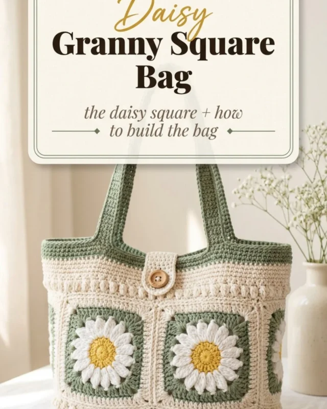 Daisy Granny Square Bag with colorful squares designed for crochet enthusiasts.