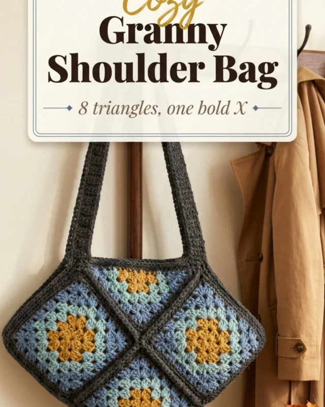 Granny square shoulder bag pattern featuring 8 colorful triangles