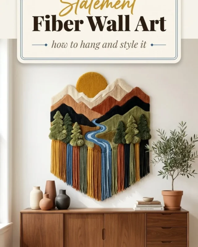 Beautiful mountain fiber wall hanging styled in a cozy living room